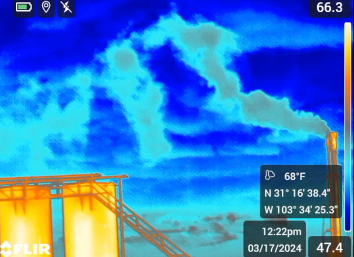 Optical Optical gas imaging showing methane emissions from unlit flare in the Permian. Credit: Oilfield Witness