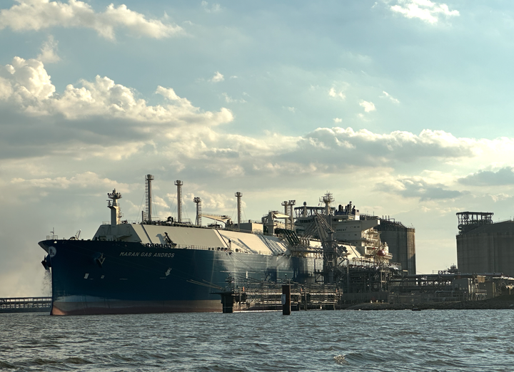 LNG tanker being loaded in Louisiana for export of U.S. LNG to China. 